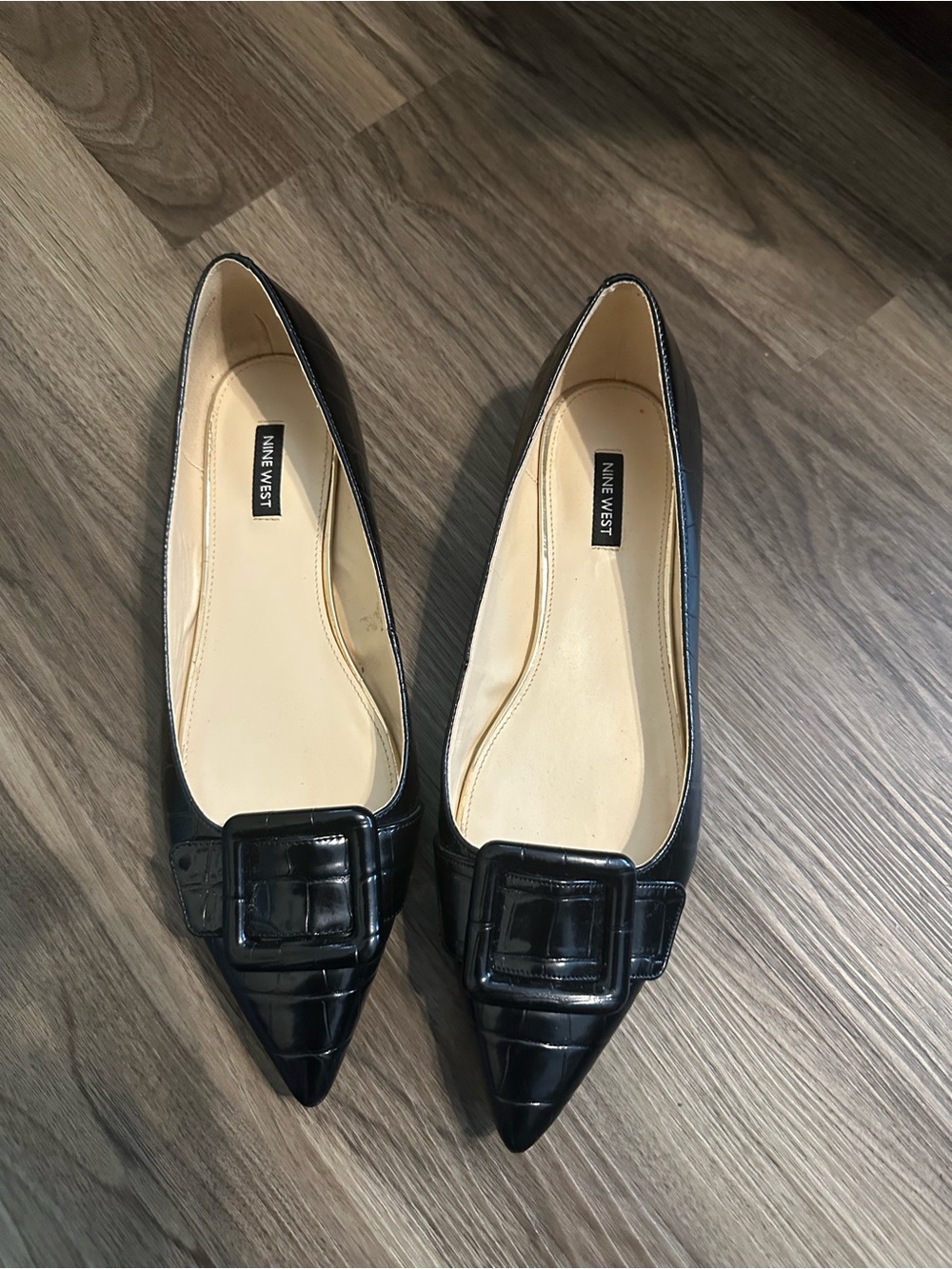 Nine West Black Patent Pointed-Toe Flats with Buckle